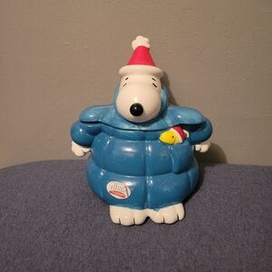 Oversized Blue Puffer Jacket Snoopy with Santa Hat Cookie Jar